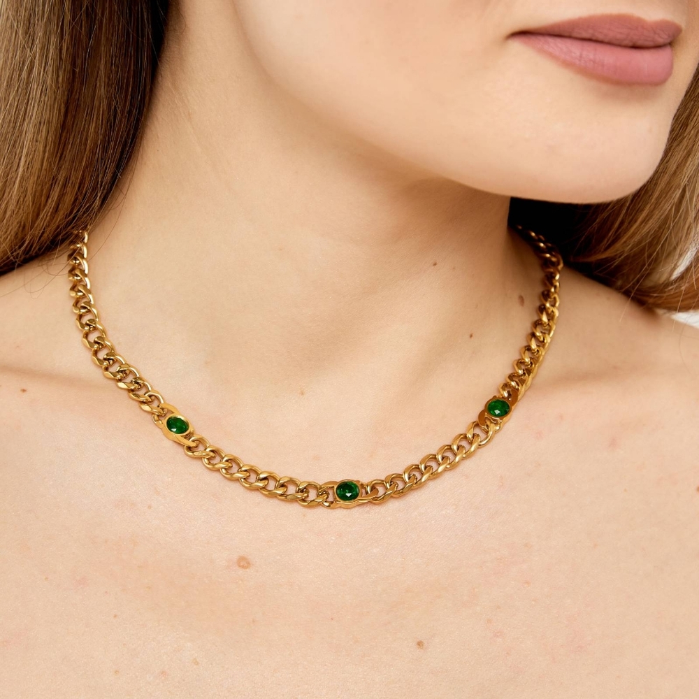 18 Karat Gold Plated Stainless Steel Necklace with Green Stone - NWT